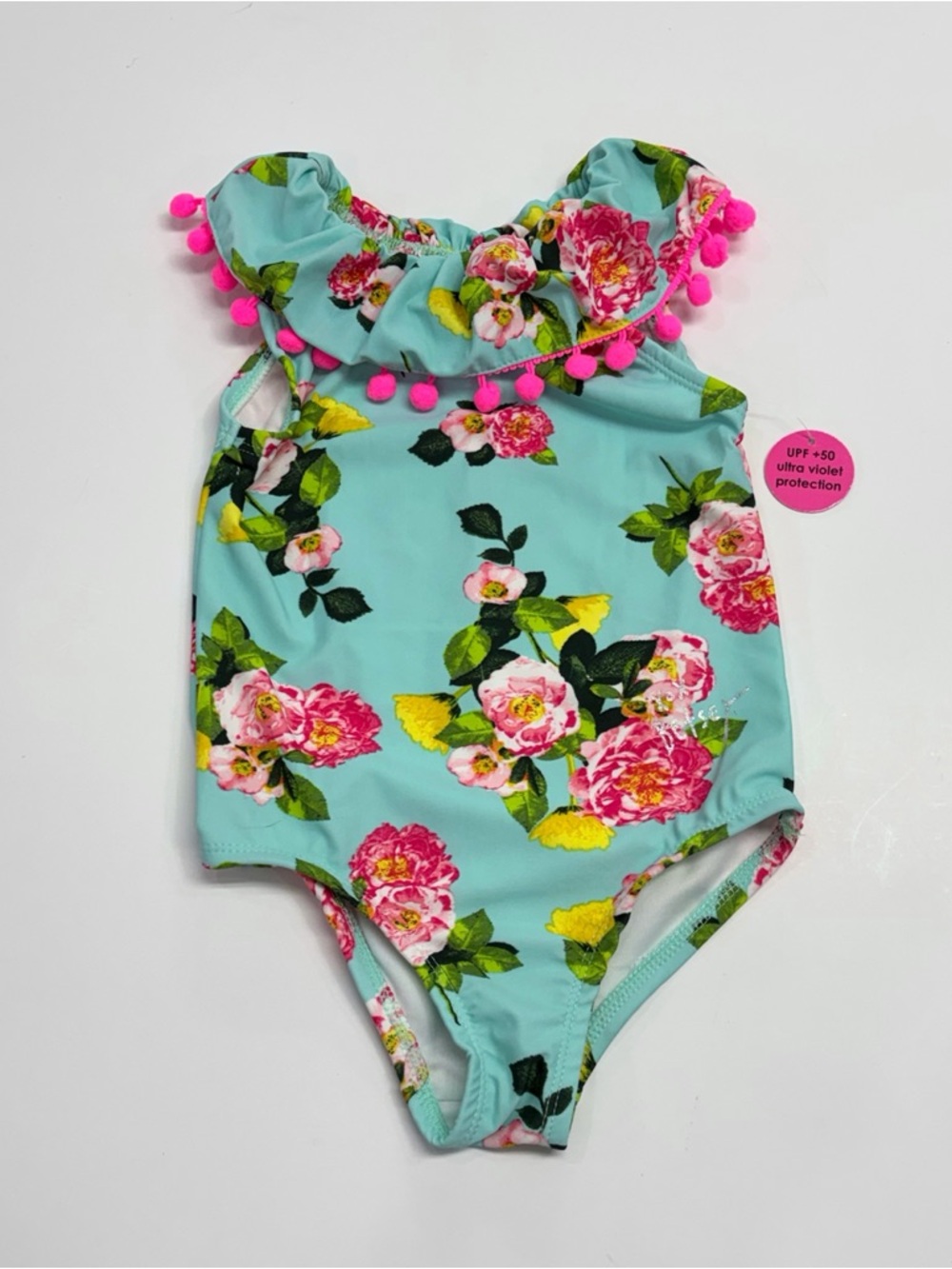 Betsey Johnson Aqua Floral One-Piece with Pink Pom-Pom Trim 4T NEW